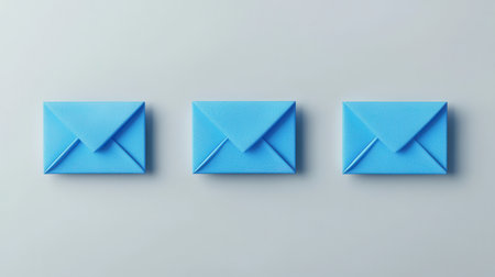 Colorful Blue Envelopes Arranged Uniformly on a Soft Gray Background for Creative Mail or Communication Concepts in Stock Photographyの素材