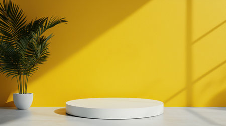 Bright Yellow Wall with Minimalist White Circular Platform and Green Potted Plant, Modern Aesthetic Interior Design Scene for Creative Displaysの素材