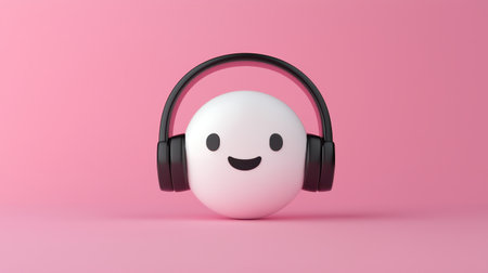Cheerful character with headphones on pastel pink background, representing music enjoyment and happiness in a minimalist and playful styleの素材