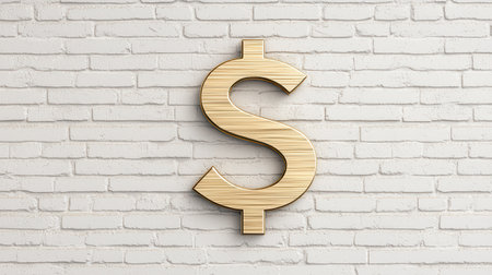 Wooden dollar sign on textured white brick wall background, symbolizing finance, wealth, commerce, and economic growth in a modern environmentの素材