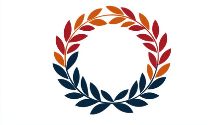 Elegant circular laurel wreath design featuring vibrant red, orange, and blue leaves perfect for achievements, awards, or celebratory themes in graphic designの素材