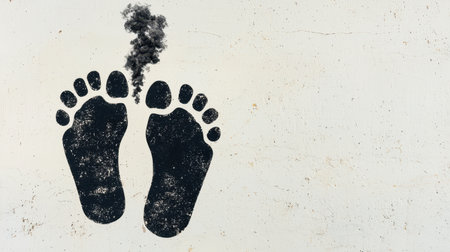 Black footprint silhouette on a textured background with smoke, symbolizing pollution, environment, and the impact of human activities on natureの素材