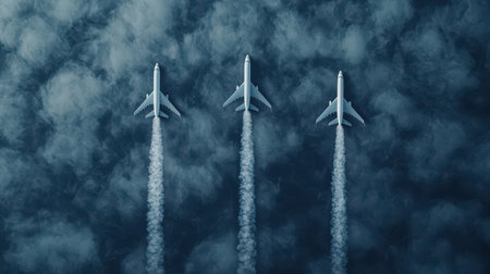 Three jets soaring through a cloudy sky, leaving vapor trails behind them in a dramatic aerial display of aviation and flight technology.の素材