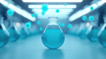 Laboratory environment with a clear flask of blue liquid surrounded by floating molecules, showcasing chemistry and innovation in scientific researchの素材