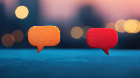 Colorful speech bubbles in orange and red against a blurred urban background, symbolizing communication and social interaction in modern life.の素材