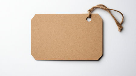 Blank Brown Kraft Tag with Twine Hanging on White Background for Labeling, Pricing, and Gift Presentation in Minimalistic Styleの素材