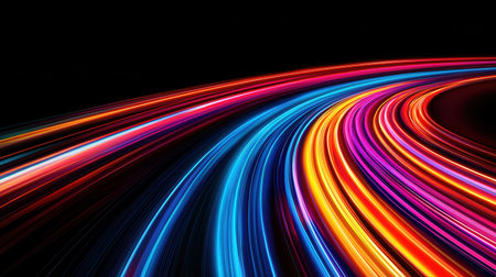 Vibrant Light Trails in Motion with Colorful Neon Shades Against a Black Background for Dynamic and Abstract Visualsの素材