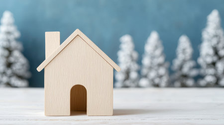 Wooden toy house model on rustic table with snowy trees in background, representing warmth, comfort, and home during winter season and holidays.の素材