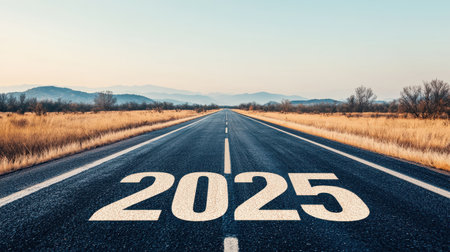 Endless road with the year 2025 painted on the asphalt, surrounded by nature, mountains in the background, and clear blue sky over the horizonの素材