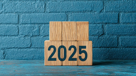 Wooden numbered blocks arranged to represent the year 2025 against a textured blue brick wall background, symbolizing future goals and plansの素材