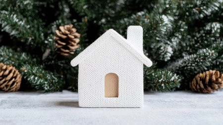 Cozy White House Model Surrounded by Green Pine Branches and Pine Cones for Holiday Home Decor and Seasonal Inspirationの素材