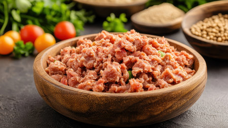 Freshly minced meat in wooden bowl surrounded by spices and colorful vegetables for healthy meal preparation and culinary creations in kitchen settingの素材