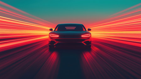 Dynamic Movement of a Car in a Blurred Light Trail, Representing Speed and Technology in Urban Environment at Duskの素材