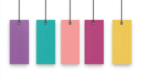 Colorful Blank Tags Hanging in a Row for Creative Labeling, Crafting, and Organizing Purposes in a Minimalist Style Displayの素材