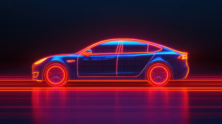 Futuristic Electric Car Illustration in Neon Style Featuring Wireframe Design and Vibrant Colors Against a Dark Backgroundの素材