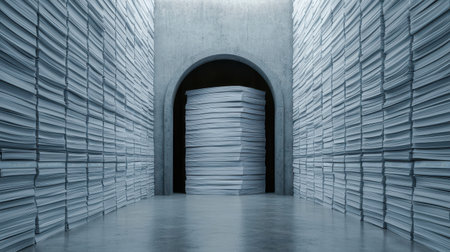 Stacks of Paper in a Minimalist Archive Room with Concrete Walls and Soft Lighting Illuminating the Central Pile of Documentsの素材