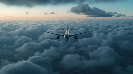 Airplane Flying Above Thick White Clouds at Dusk, Capturing the Serene Beauty of Air Travel and Scenic Sky, Perfect for Aviation or Travel Themesの素材