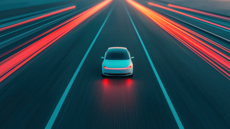 Futuristic Electric Car Driving on a Highway with Motion Blur Effect Showcasing Speed and Technological Advancement at Nighttimeの素材