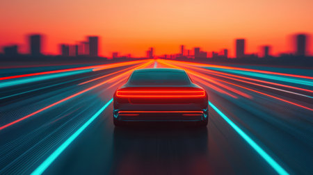 Futuristic Car Driving on a Highway at Sunset with Dynamic Light Trails and City Skyline in the Backgroundの素材