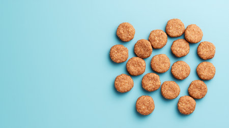 Freshly Baked Round Cookies on a Light Blue Background for Dessert, Bakery, Snack, Treat, Food Photography, Culinary Art, and Moreの素材