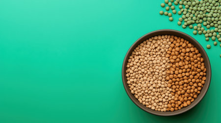 Diverse Variety of Lentils in Round Bowl with Green Background, Showcasing Healthy, Nutritious, and Vibrant Plant-Based Food Choicesの素材