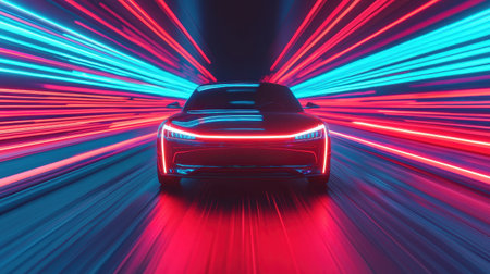 Futuristic Electric Car with Neon Lights Effect in High-Speed Motion Blurring Through Digital Cityscape at Night for Innovative Transportation Conceptsの素材