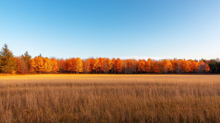 Vibrant Autumn Landscape with Golden Trees and Clear Blue Sky Over Expansive Field in a Serene Natural Setting During Fall Seasonの素材