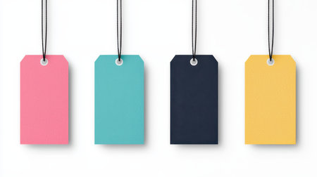 Colorful Blank Tags Hanging on Strings for Creative Labeling, Pricing, Organization, Gift Wrapping, or Personalization in Various Environmentsの素材