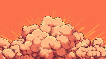 Vibrant Cartoon Style Clouds with Rays of Light, Bright Orange Background Creating a Bold and Eye-Catching Atmosphere for Creative Projectsの素材