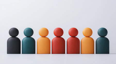 Colorful wooden figures in a row representing teamwork, community, diversity, and inclusion, ideal for business, education, or creative projectsの素材