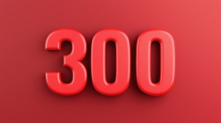 Bright red three-dimensional number 300 on simple red background, displaying vibrant color and modern design for various promotional purposesの素材