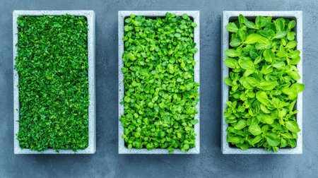Fresh Green Microgreens in Trays on Gray Background, Healthy Eating Concept with Organic Produce, Close-Up View of Edible Plants for Culinary Useの素材