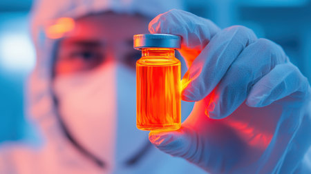 Medical professional holding a vial of bright orange liquid in a laboratory setting, showcasing scientific research and pharmaceutical innovation in healthcareの素材