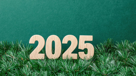 Wooden numbers representing the year 2025 placed on vibrant green foliage showcasing a festive and nature-inspired aesthetic for seasonal backgroundsの素材