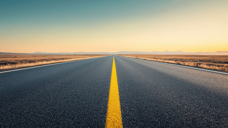 Open highway stretching to the horizon under a bright sky, showcasing an inviting journey through scenic landscapes in a warm sunlight glowの素材