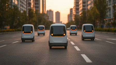 Futuristic Electric Vehicles on a City Street at Sunset with Modern Architecture in Background and Clear Roads for Transportation and Urban Mobilityの素材