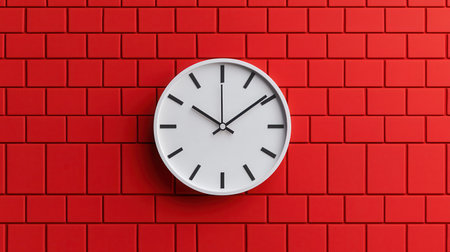 Modern wall clock with minimalist design on vibrant red brick background showcasing time management and contemporary decor elements for stylish interiors.の素材