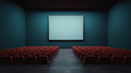 Empty cinema hall with red chairs and a large blank screen against teal walls, ready for a movie showing in an intimate settingの素材