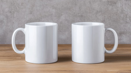 Blank White Coffee Mugs on Wooden Table Against Gray Concrete Background for Customizable Design and Branding Opportunitiesの素材