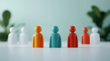 Colorful Wooden Figures Symbolizing Teamwork, Collaboration, Diversity, and Growth in a Modern Office Environment with Soft Focus Backgroundの素材