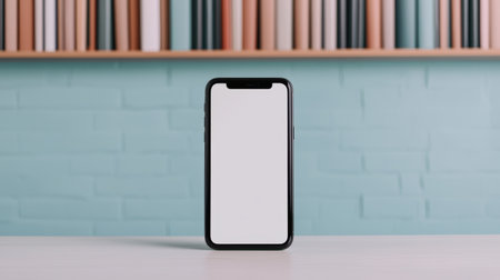 Modern smartphone on a minimalist table with a pastel background of bookshelves, showcasing a blank screen for customizable display optionsの素材