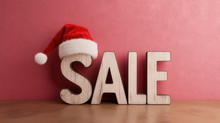 Festive Christmas Sale Sign with Santa Hat on Wooden Letters Against a Pink Background for Holiday Marketing and Promotional Materialの素材