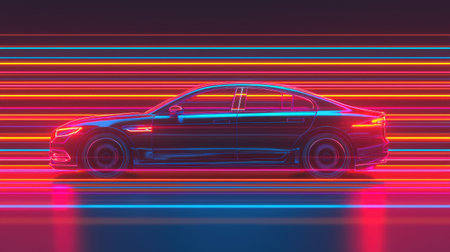 Futuristic Car with Neon Lights in Motion, Blurred Colorful Stripes in Background Evoking Speed and Technology at Nightの素材