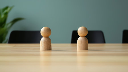 Wooden figurines representing social interaction concepts, friendship, communication style, teamwork, and collaboration on a minimalist table setting.の素材