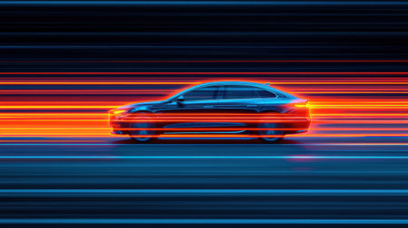 Sleek Car in Motion with Vibrant Light Trails Capturing the Essence of Speed and Modern Technology Against a Dark Background for Stock Photographyの素材