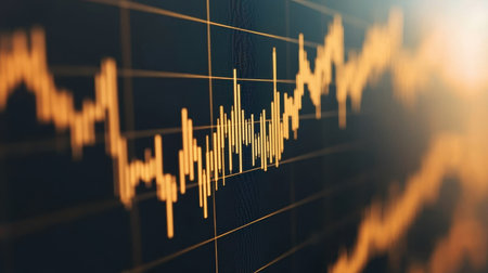 Abstract visualization of fluctuating stock market trends with digital graphs and golden lines representing financial data analysis and market activityの素材