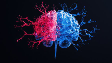 Abstract illustration of a human brain divided into two halves, one side vibrant blue and the other side bright red, showcasing neural connections and synapses.の素材