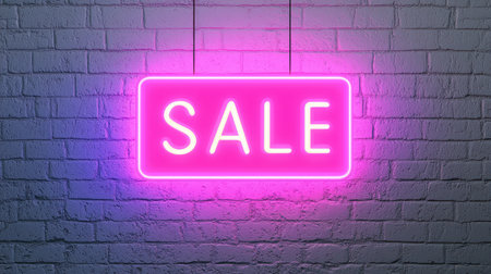 Bright Neon Sign Displaying Sale in Pink Color Against a Textured Brick Wall for Promotion and Advertising Purposes in Retail or Business Settingsの素材