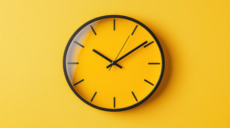 Modern wall clock with black frame and yellow face on bright yellow wall, minimalist design for stylish home decor and interior aesthetics.の素材