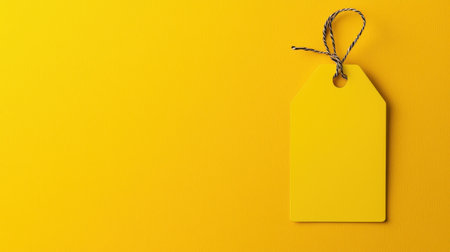 Bright Yellow Blank Price Tag With Twine Against A Vibrant Yellow Background For Labeling, Branding, Retail, Commerce, And Marketing Purposesの素材